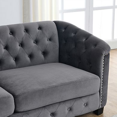 Pnronnc Modern Velvet Sofa, 3 Seat Tufted Couch with Nailhead Arms and 2 Cushions