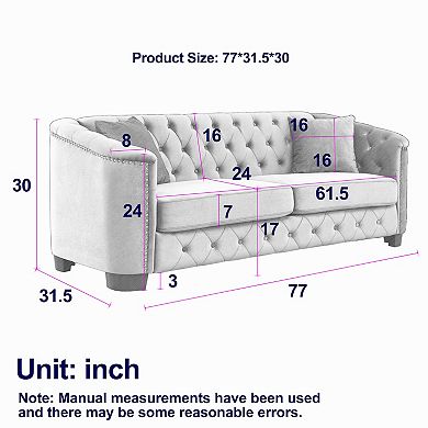 Pnronnc Modern Velvet Sofa, 3 Seat Tufted Couch with Nailhead Arms and 2 Cushions