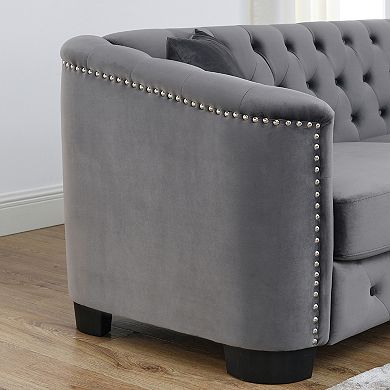 Pnronnc Modern Velvet Sofa, 3 Seat Tufted Couch with Nailhead Arms and 2 Cushions