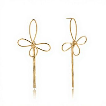 Women's Delicate Wire Bow Drop Earrings with Sculpted Loop Design and Sleek Chain Tassel Accent