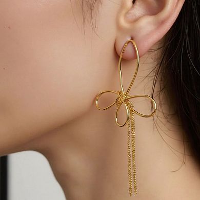 Women's Delicate Wire Bow Drop Earrings with Sculpted Loop Design and Sleek Chain Tassel Accent