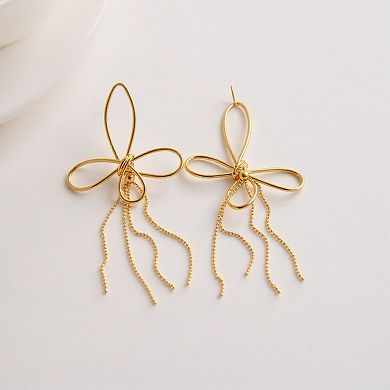 Women's Delicate Wire Bow Drop Earrings with Sculpted Loop Design and Sleek Chain Tassel Accent
