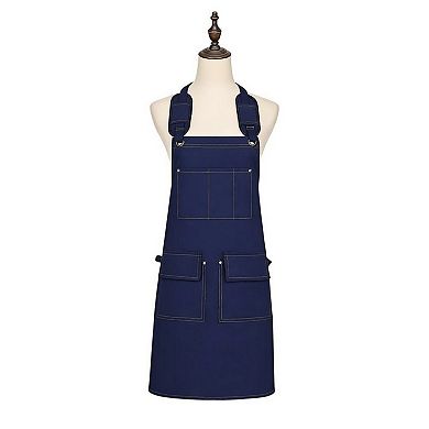 Cotton Kitchen Apron with Adjustable Cross Back Straps Multi Pocket Utility Apron for Cooking Baking