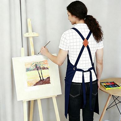 Cotton Kitchen Apron with Adjustable Cross Back Straps Multi Pocket Utility Apron for Cooking Baking