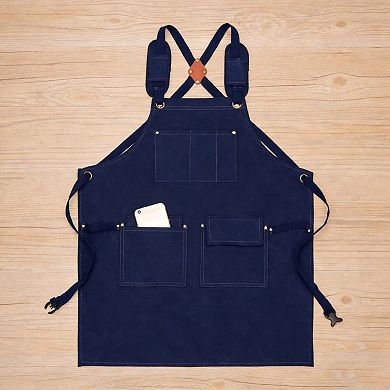 Cotton Kitchen Apron with Adjustable Cross Back Straps Multi Pocket Utility Apron for Cooking Baking