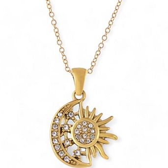 Women's Rhinestone Sun and Moon Pendant Fashion Necklace with Gold Tone Chain Statement Jewelry