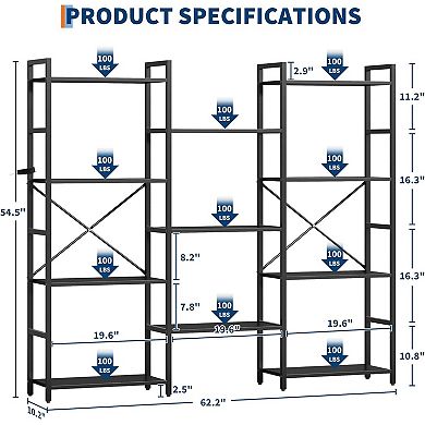4-Tier Industrial Bookshelf, Rustic Bookcase with 11 Adjustable Shelves, Storage & Display Unit
