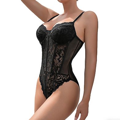 Women's Lace Corset Bodysuit - Sheer Mesh Adjustable Spaghetti Strap High Cut Teddy Lingerie Top