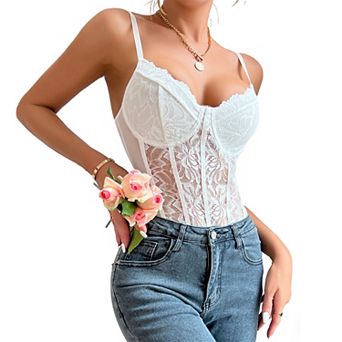 Women's Lace Corset Bodysuit - Sheer Mesh Adjustable Spaghetti Strap High Cut Teddy Lingerie Top