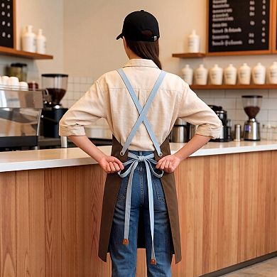 Cotton Kitchen Apron with Cross Back Straps Multi Pocket Utility Apron for Cooking Baking Craft