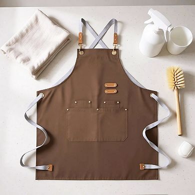 Cotton Kitchen Apron with Cross Back Straps Multi Pocket Utility Apron for Cooking Baking Craft