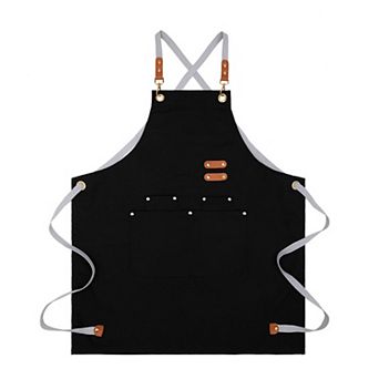 Cotton Kitchen Apron with Cross Back Straps Multi Pocket Utility Apron for Cooking Baking Craft