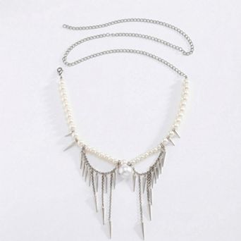 Women's Pearl Beaded Waist Chain Belt with Spike Fringe Drop Pendant Body Jewelry Accessory