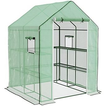 Walk-In Mini Greenhouse with 2 tier Plant Shelves, PE Cover and Zipper Door