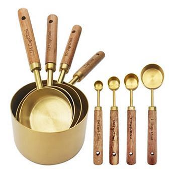 8 pc Stainless Steel Measuring Cup and Spoon Set with Wooden Handles