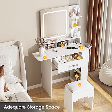 Small Vanity Desk with Lighted Mirror & Charging Station, Makeup Table with Drawer, Shelves & Stool