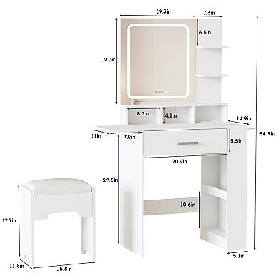 Small Vanity Desk with Lighted Mirror & Charging Station, Makeup Table with Drawer, Shelves & Stool