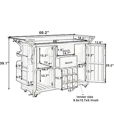 60.2 in. W Outdoor Kitchen Island with Wheels and Stainless Steel Top