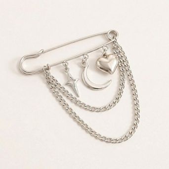 Women's Safety Pin Brooch Star Charm Crescent Moon Pendant Heart Detail Chain Accent