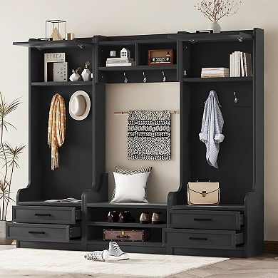 Pnronnc 4-in-1 Entryway Hall Tree with Storage Cabinet Drawers Coat Rack & Shelves Modular Bench