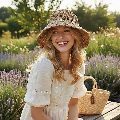 Straw Bucket Hat with Cherry Embroidery Lightweight Breathable Sun Hat Wide Brim Summer Beach Hat