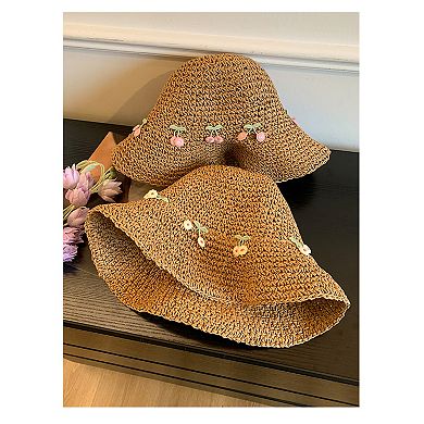Straw Bucket Hat with Cherry Embroidery Lightweight Breathable Sun Hat Wide Brim Summer Beach Hat