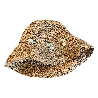 Straw Bucket Hat with Cherry Embroidery Lightweight Breathable Sun Hat Wide Brim Summer Beach Hat