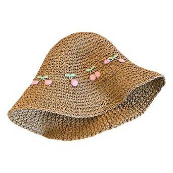 Straw Bucket Hat with Cherry Embroidery Lightweight Breathable Sun Hat Wide Brim Summer Beach Hat
