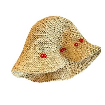 Straw Bucket Hat with Cherry Embroidery Lightweight Breathable Sun Hat Wide Brim Summer Beach Hat