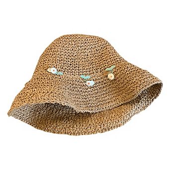 Straw Bucket Hat with Cherry Embroidery Lightweight Breathable Sun Hat Wide Brim Summer Beach Hat