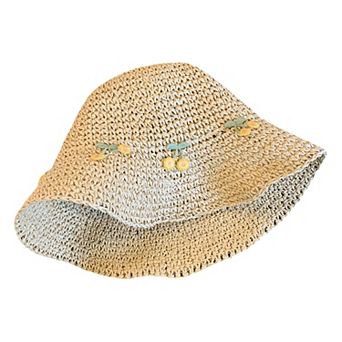 Straw Bucket Hat with Cherry Embroidery Lightweight Breathable Sun Hat Wide Brim Summer Beach Hat