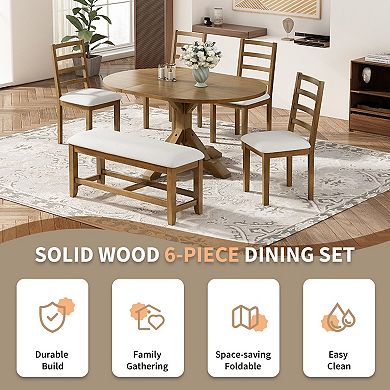Pnronnc 6-Piece Dining Table Set, Extendable Kitchen Table Set with 18" Leaf & Bench
