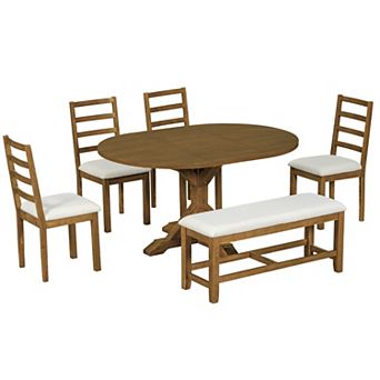 Pnronnc 6 pc Dining Table Set, Extendable Kitchen Table Set with 18" Leaf & Bench