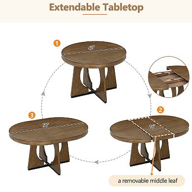 Pnronnc 5-Piece Dining Set, Retro Round Extendable Dining Table Set with 4 Upholstered Chairs