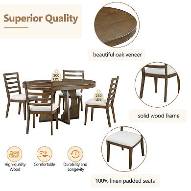 Pnronnc 5-Piece Dining Set, Retro Round Extendable Dining Table Set with 4 Upholstered Chairs