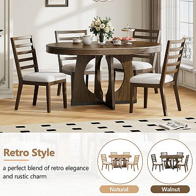 Pnronnc 5-Piece Dining Set, Retro Round Extendable Dining Table Set with 4 Upholstered Chairs