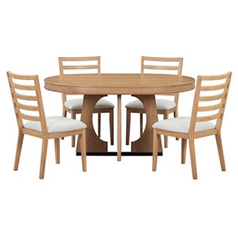 Pnronnc 5 pc Dining Set, Retro Round Extendable Dining Table Set with 4 Upholstered Chairs