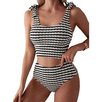 Women's Textured Striped Bikini Set Tie Shoulder High Waisted Two Piece Swimsuit
