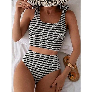 Women's Textured Striped Bikini Set Tie Shoulder High Waisted Two Piece Swimsuit