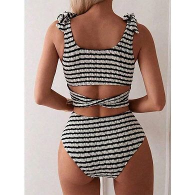 Women's Textured Striped Bikini Set Tie Shoulder High Waisted Two Piece Swimsuit