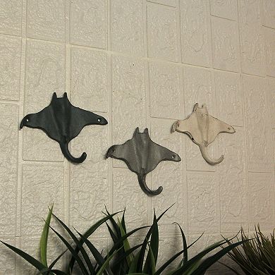 Set of 3 Stingray Wall Hooks - 6.25" - Blue, Gray, White - Coastal Decor