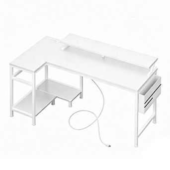 YIORTWO Gaming Desk with LED Lights & Power Outlets, Computer Desk with Monitor Stand