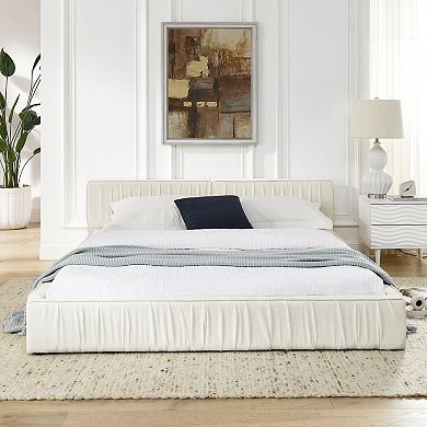 Pnronnc Queen Size Grounded Bed Frame Chenille Fabric Upholstered Platform Bed Pleated Design