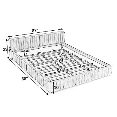 Pnronnc Queen Size Grounded Bed Frame Chenille Fabric Upholstered Platform Bed Pleated Design