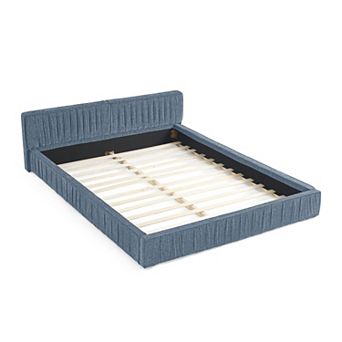 Pnronnc Queen Size Grounded Bed Frame Chenille Fabric Upholstered Platform Bed Pleated Design