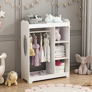 KWPZQEB Dress Up Storage with Mirror and Hooks, Clothes Rack with Hanging Rod for Bedroom