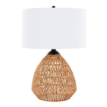Loheer Contemporary Rattan Table Lamp with Linen Shade and Matte Black Metal