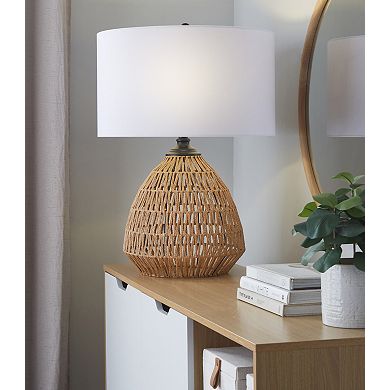 Loheer Contemporary Rattan Table Lamp with Linen Shade and Matte Black Metal