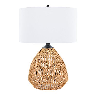 Loheer Contemporary Rattan Table Lamp with Linen Shade and Matte Black Metal