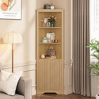 Tall Corner Storage Cabinet with Fluted Doors, 5 tier Adjustable Shelves for Bathroom, Living Room